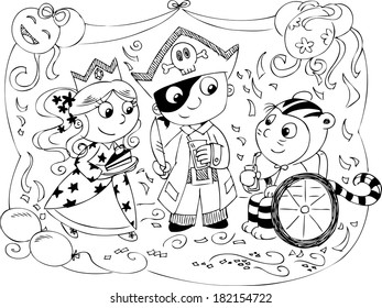 Princess girl, pirate boy and tiger child on wheelchair at a party