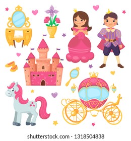 Princess girl and prince boy cartoon set. Royal collection with beautiful carriage, cute castle, adorable pony with pink mane, mirror and vase with flowers. Vector flat illustration for children.