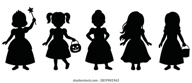 Princess Girl Silhouette Vector Set with Fairy Wand, Pumpkin Bucket and Halloween Costume Characters Isolated on White Background