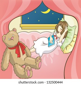 A princess girl is sleeping while reading book in her bedroom room on soft bed with teddy bear and window open to see the night star crescent moon, create by cartoon vector
