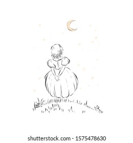 Princess girl standing alone and looks at the moon. Coloring page. Fairy book illustration. 