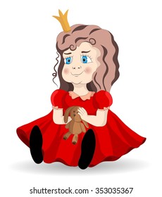 princess girl with teddy toy red dress