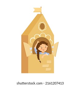 Princess girl in tower. Kid game in cardboard box costume. Vector illustration of playing creative girls and boys. Cartoon cute child isolated on white