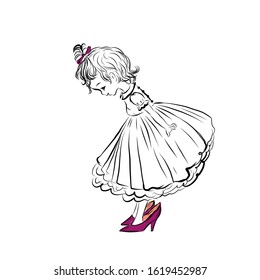 Princess girl trying on mom's pink shoes. 