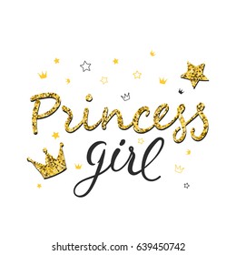 Princess girl typography with crown and star. Vector illustration for girls