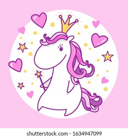 Princess girl unicorn. Design in pink palette. Magic wand and crown.
