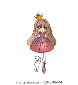 Princess girl with a white cat dancing ballet with a crown and straight hair, vector illustration