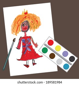 A Princess girl,woman,  in a red dress and blond hair paintings in the style of children's hand drawing . Fun Doodle. Greeting card  a sketch.