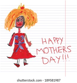 A Princess girl,woman,  in a red dress and blond hair paintings in the style of children's hand drawing . Fun Doodle. At a notebook sheet. Greeting card , a sketch. Happy Mother's day