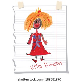 A Princess girl,woman,  in a red dress and blond hair paintings in the style of children's hand drawing . Fun Doodle. At a notebook sheet. Greeting card , a sketch. 