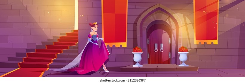 Princess in gold crown in medieval castle with staircase and wooden doors. Fairy tale beautiful girl in pink dress. Vector cartoon illustration of royal palace with red carpet on stairs and flowers