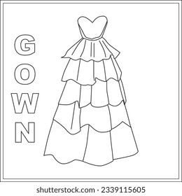 Princess gown coloring book page for girl, coloring book for children