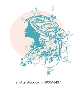 Princess Hairstyle. Girl with turquoise leafy hair vector silhouette illustration
