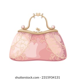 Princess handbag vector illustration. Cartoon isolated small fashion bag with jewelry, fairytale purse with gold ornament on pink silk, precious gems on handle for hand, accessory of pretty lady