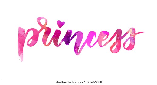 Princess - handwritten modern watercolor calligraphy lettering text. Pink colored. Template typography for t-shirt, prints, banners, badges, posters, postcards, etc.