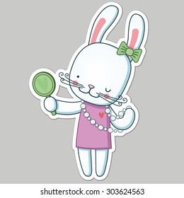 Princess hare in pink dress looks at herself in the mirror.
