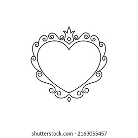 Princess heart frame. Royal mirror frame and majestic prince doodle border. Cute crown border. Outline vector illustration. 