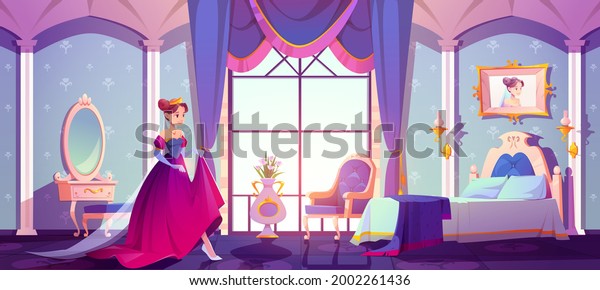 Princess in her royal bedroom, pretty young woman in crown and dress in vintage room interior with elegant retro furniture, bed, cupboard, floral pattern wallpaper decor. Cartoon vector illustration