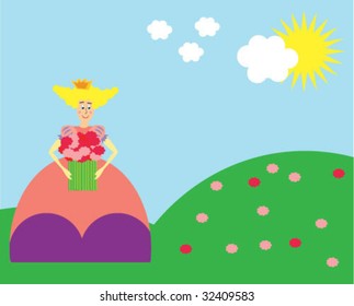 princess holding bunch of flowers. vector illustration