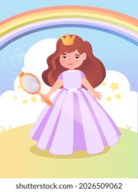 Princess holding mirror in her hand. Beautiful girl stands with wings on rainbow background. Fairytale characters, sorceress. Greeting Cards, banner for kids. Cartoon flat vector illustration