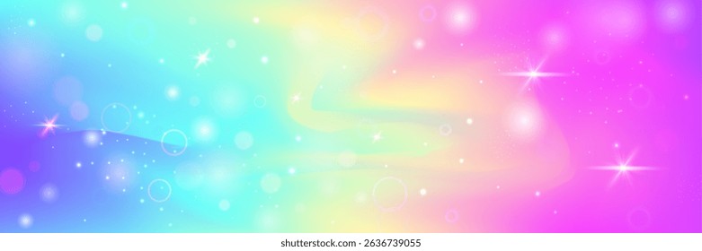 Princess Hologram. Pink Rainbow Gradient And Beautiful Fairy Pattern. Purple Kawaii Background. Bright Neon Backdrop Of Galaxy, Sky, And Universe Light. Blue Princess Hologram.