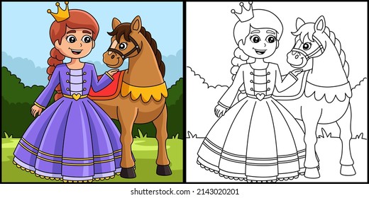 Princess And Horse Coloring Page Illustration