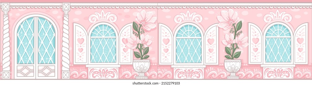 Princess house. Kid nursery mural wallpaper. Vector hand drawn illustrations