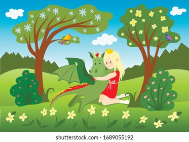 Princess hugs her friend Dragon