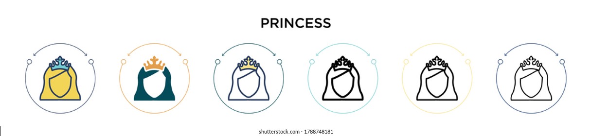 Icono de Princesa en estilo relleno, delgado, contorno y trazo. Ilustración vectorial de dos iconos vectoriales de princesa de color y negro se puede utilizar para móviles, ui, web