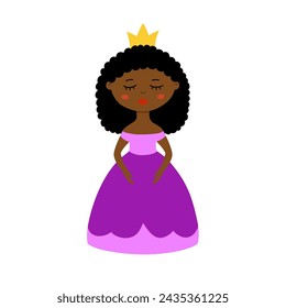 Princess icon isolated vector clip art illustration. Flat design cartoon scalable element. African girl in purple dress and crown.