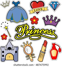 princess icon patch badges with lips,wand,castle, star, crown, perfume. vector illustration