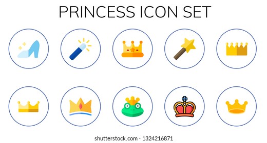 princess icon set. 10 flat princess icons.  Collection Of - cinderella, Crown, magic wand, crown, frog prince