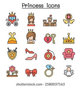 Princess icon set in color line style