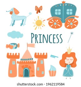 Princess icon set in Scandinavian style. Castle, carriage, poodle, bow, magic wand, rainbow. vector_01