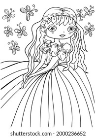 princess illustration book coloring outline picture hand drawing sketch doodle butterfly ball gown on a white background girl page for kids