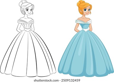 Ilustração de princesa com cores e versões de contorno