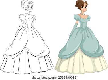Ilustração de princesa em cores e versões de contorno