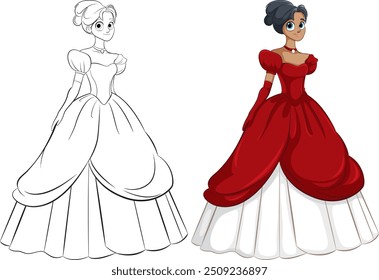 Princess illustration with red dress and elegant pose