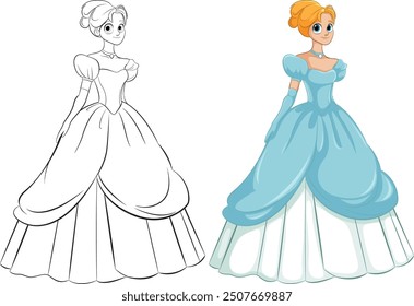 Princess illustration with and without color