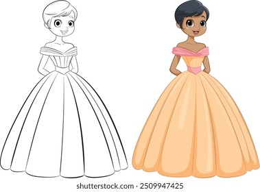 Ilustração de princesa com e sem cor