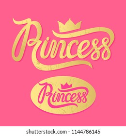Princess inscription gold sign on pink background. Vector illustration.