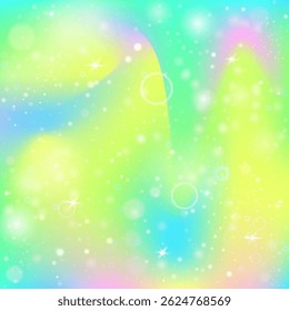 Invitación a la princesa. Gradiente mágico amarillo. Antecedentes Kawaii. Invitación mística holográfica. Patrón de Universo Verde. Holograma Galaxia Rosa. Textura de hadas. Invitación a la Princesa del Partido.