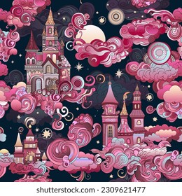 Princess kingdom with ethereal magic castle towers seamless pattern. Fantasy fairytale town background. Whimsical design with decorative clouds, beautiful curves, waves, moon in pink girls color