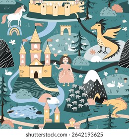 Princess kingdom seamless pattern with fairy hills, castle, dragon, and unicorn. Vector seamless Scandinavian pattern, adorable textile design for children.