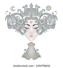 princess kissing a frog prince. Vector illustration in art nouveau style. Fantasy, beauty, boho stickers, children book. 