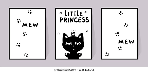 Princess Kitty. Set of monochrome posters with inscription little princess, mew and cat paws. Vector for children room decor. Kitten in crown closed eyes. Illustration isolated on white background.