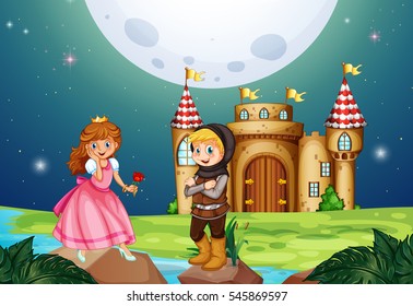 Princess and knight at the castle illustration