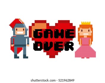 princess and knight characters and red heart with game over word over white background. videogame interface concept. colorful design. vector illustration