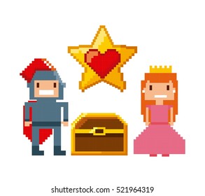 princess and knight characters and treasure over white background. videogame interface concept. colorful design. vector illustration