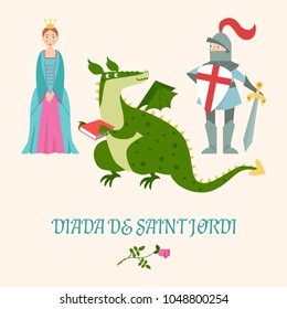 Princess, knight and  dragon with a book. Diada de Sant Jordi (the Saint George's Day). The Day of the Book. Festival in Spain. Vector illustration.